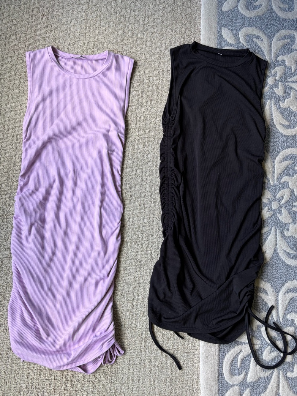 Lilac and Black Sleeveless Ruched Bodycon Dresses